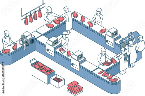 Isometric illustration of meat processing factory with workers on production line, conveyor belts, packaging and automated food industry equipment