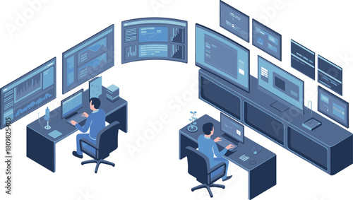 Isometric illustration of modern control room with multiple monitors, cybersecurity operators, data analysis, network management, and digital system monitoring technology