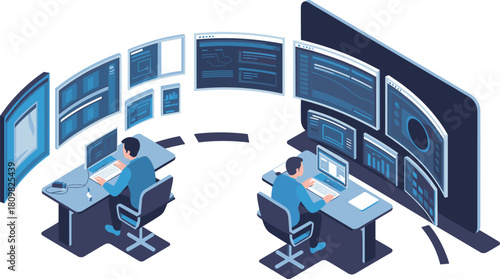 Isometric illustration of modern control room with multiple monitors, cybersecurity operators, data analysis, network management, and digital system monitoring technology