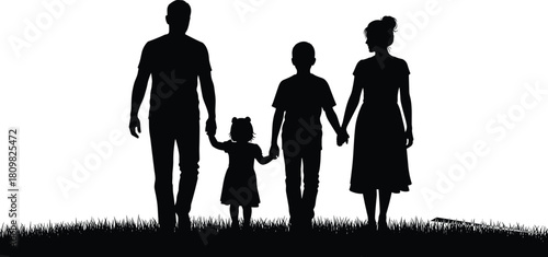 Family silhouette walking together, parents and children holding hands outdoors, unity, love, parenting, happy family scene in nature illustration