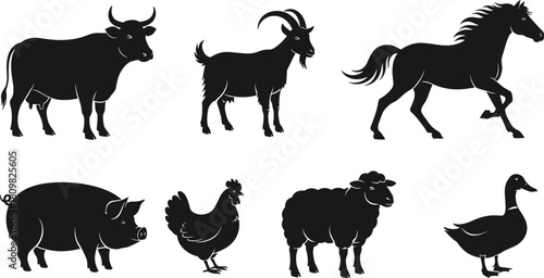 Farm animal silhouette collection, cow, goat, horse, pig, chicken, sheep, duck vector set for agriculture, livestock, farming illustrations