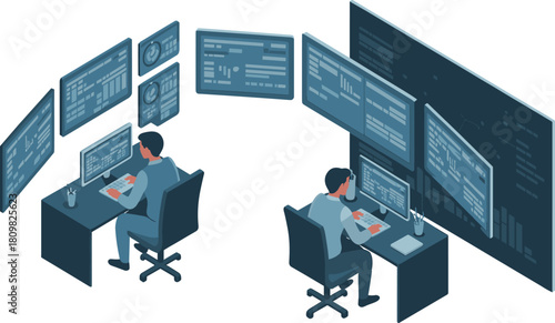 Isometric illustration of modern control room with multiple monitors, cybersecurity operators, data analysis, network management, and digital system monitoring technology