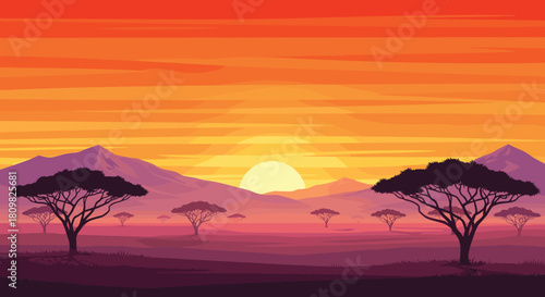 African savanna landscape vector illustration with sunset, silhouette acacia trees, purple mountains, and orange sky for nature background.