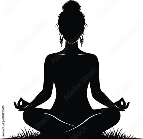 Female yoga silhouette in lotus pose, peaceful meditation practice outdoors, mindfulness relaxation, spiritual wellness illustration for fitness, calm nature scene