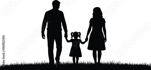 Happy family silhouette walking together in nature, holding hands, parents and child outdoors, unity, love, parenting, lifestyle illustration
