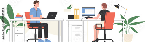 Modern open office workspace with employees working on computers, business teamwork concept, creative coworking environment, corporate collaboration, productivity and innovation