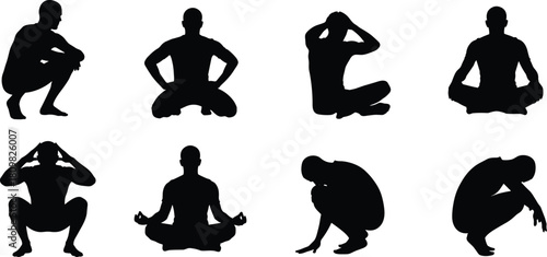 Male sitting silhouette poses, meditation and relaxation positions, yoga and mindfulness postures, squatting and seated figure illustration for design projects