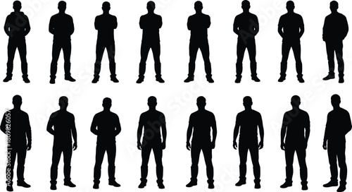 Male standing silhouettes collection, diverse man poses, casual male figure illustration, vector human outline set for graphic design use