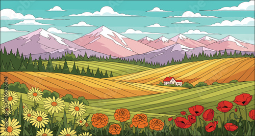 Spring mountain landscape vector illustration with rolling fields, farm house, blooming poppies, marigolds, and daisies under blue sky clouds.