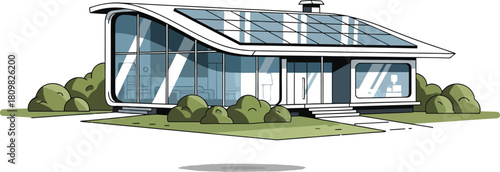 Modern house with solar panels on roof, clean energy, sustainability