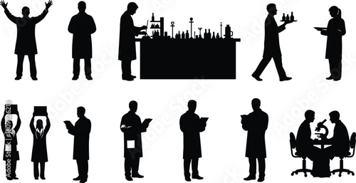 Scientist silhouette collection showing laboratory researchers working with microscopes, equipment, documents and experiments, ideal vector artwork for science, research and medical design themes