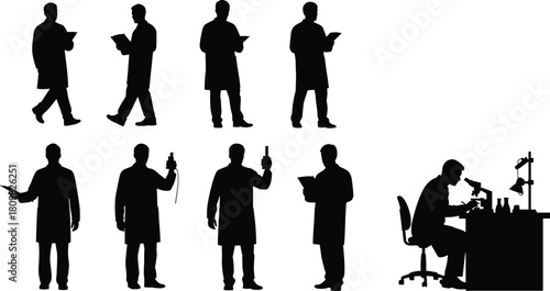 Scientist silhouette collection showing laboratory research, medical analysis, science experiments, professional lab work, chemistry study, and biotechnology investigation for graphic design projects