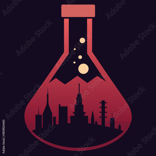 Cityscape silhouette inside a laboratory flask with bubbles and mountains isolated on white background isolated on transparent background