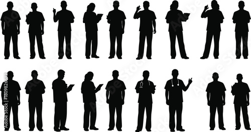 Silhouette collection of medical professionals standing with clipboards and stethoscopes, representing healthcare workers, doctors and nurses in vector illustration style