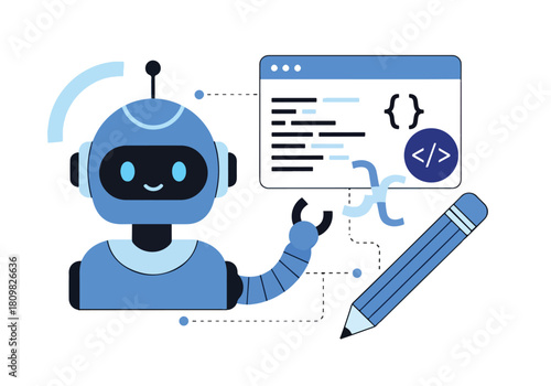 Friendly robot character coding software program on computer screen - Flat Vector Illustration, icon. Editable stroke. Colored vector illustration