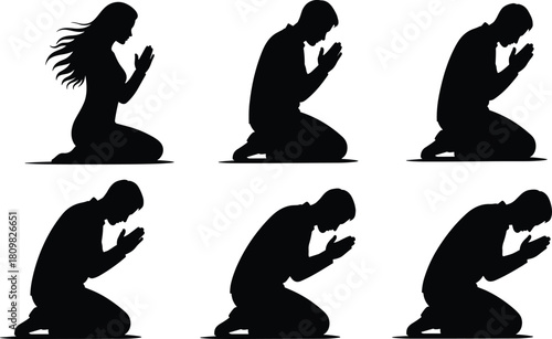 Silhouette collection of men and women kneeling in prayer with hands raised in devotion, expressing spiritual faith, worship and gratitude in vector artwork