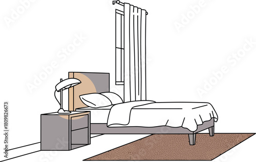 Bedroom Interior with Bed, Nightstand, Lamp