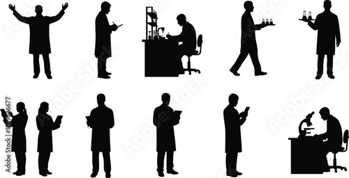 Silhouette collection of laboratory scientists working with microscopes, test tubes, equipment and documents, ideal vector artwork for science, research, medical and chemistry themes