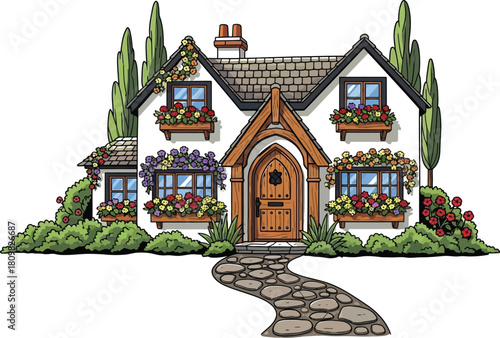 Quaint cottage with flower boxes and stone path on a white background
