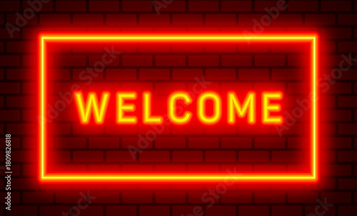 Neon welcome lettering, welcome sign. Neon glowing red color welcome lettering sign. Handwritten lettering on black background.Text postcard, invitation, banner, poster, web icon. Welcome text banner