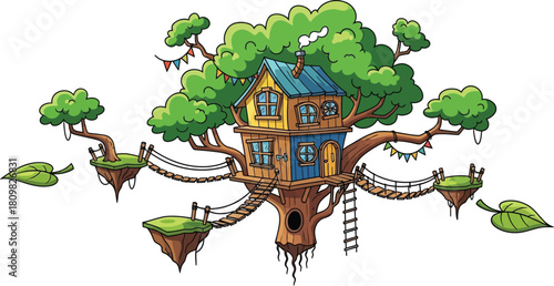 Whimsical treehouse with rope bridges and platforms on a white background
