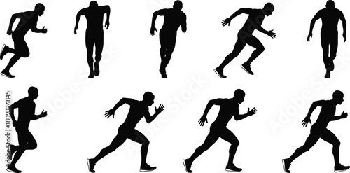 Silhouette collection of running athletes, sprinting poses, fitness training movement, sports runner illustrations, dynamic action figures for exercise design