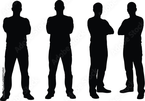 Silhouette collection of men standing with crossed arms in confident poses, ideal vector artwork for business, security, leadership and professional design themes
