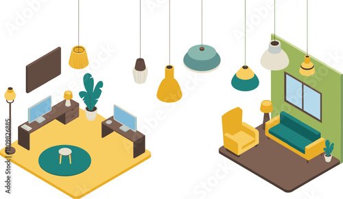 Isometric illustration of modern living room and home office interior with stylish furniture, computers, lamps, plants and cozy decor