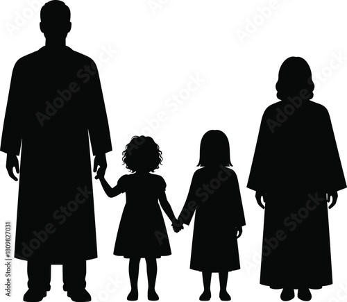 Silhouette family standing together in long robes, parent and children holding hands, religious or cultural group illustration for design use