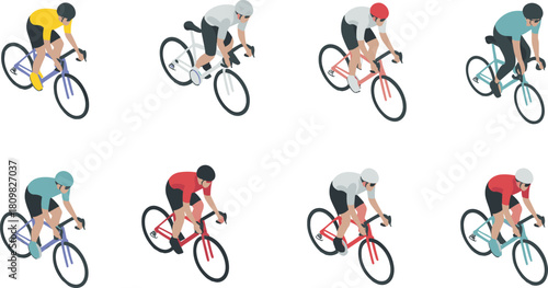 Isometric illustration set of cyclists riding racing bicycles with helmets, colorful outfits, modern bikes and aerodynamic riding posture