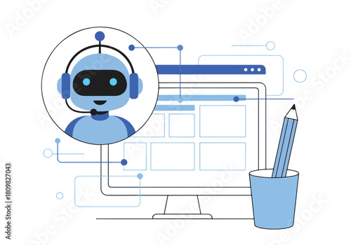 Ai chatbot robot interface design workflow and customer support concept - Flat Vector Illustration, icon. Editable stroke. Colored vector illustration