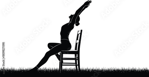 Silhouette of woman practicing outdoor chair yoga stretch with extended arms, relaxing fitness pose ideal for wellness, meditation and healthy lifestyle vector design
