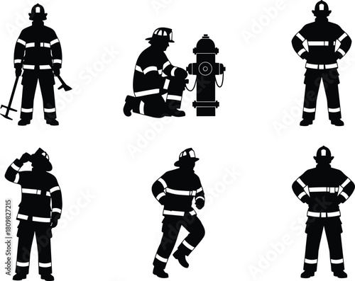 Silhouettes of firefighters in action poses, emergency rescue workers operating hydrants, fire safety personnel illustrations for protection, emergency response design elements