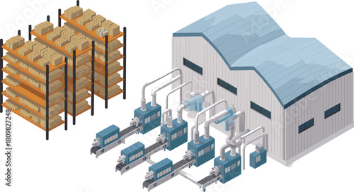 Isometric illustration of modern warehouse and automated production line showing logistics, packaging, and industrial manufacturing process in operation