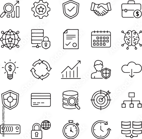 Collection of business and technology icons in a hand drawn sketch style