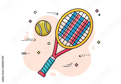 Tennis racquet and ball colorful sport equipment hand-drawn style - Flat Vector Illustration, icon. Editable stroke. Colored vector illustration