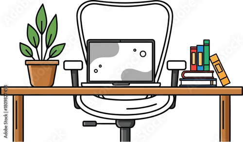 Home office with laptop, plant, and books on a wooden desk