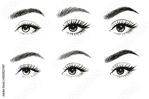 A collection of fashion-style eye sketches, each illustrating different mascara and eyebrow styling techniques, white background
