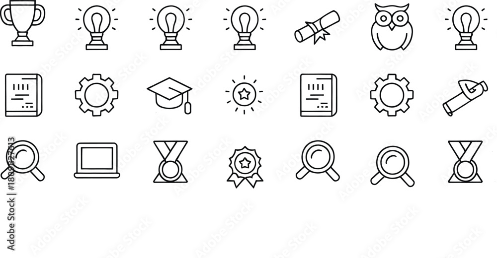 Fototapeta premium Education Line Icons – Graduation, Diploma, Learning, Knowledge, Award, Research, Online Study, Lightbulb, Owl, School Tools – Minimal Vector Outline Pack