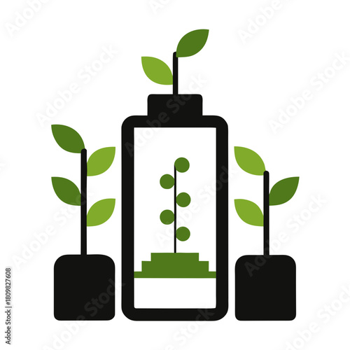 Green energy concept with plants growing from a battery isolated on white background isolated on transparent background silhouette