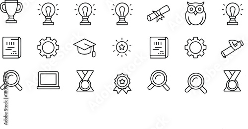 Education Line Icons – Graduation, Diploma, Learning, Knowledge, Award, Research, Online Study, Lightbulb, Owl, School Tools – Minimal Vector Outline Pack
