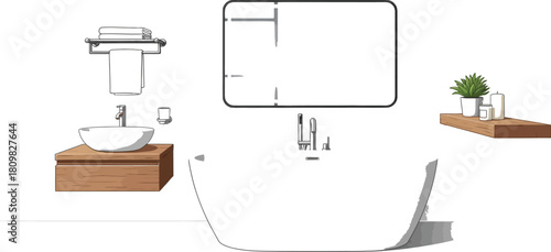 Modern bathroom interior with bathtub, sink, mirror