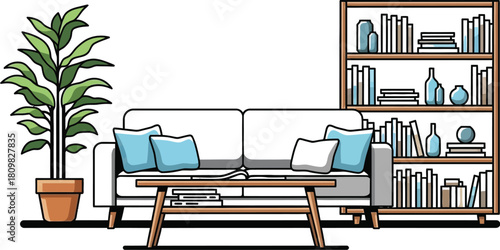 Cozy Living Room Interior with Sofa, Bookshelf, and Potted Plant