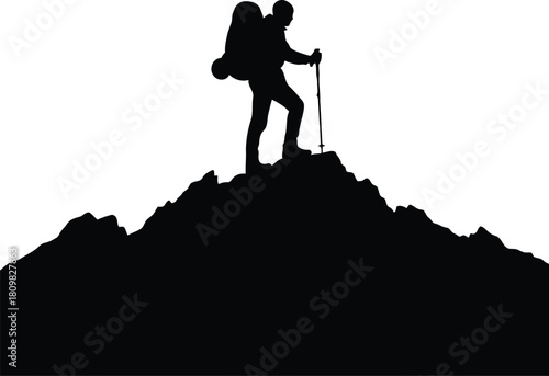 Dynamic silhouette of a resilient hiker conquering a majestic mountain summit, symbolizing triumph, adventure, and the rewarding spirit of outdoor achievement