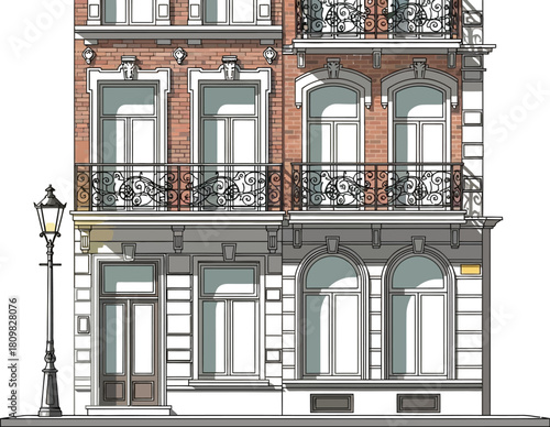 European architecture with balconies, windows, and a street light