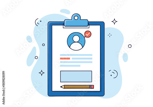 Clipboard with user profile form and pencil data input and verification - Flat Vector Illustration, icon. Editable stroke. Colored vector illustration