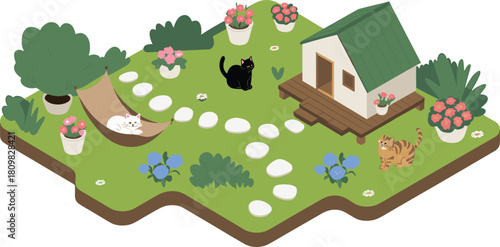 Isometric illustration of peaceful garden with cats resting near house, hammock, and flowers, cozy outdoor scene for pet lovers