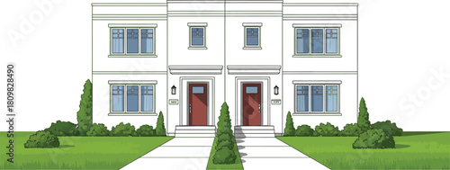 Modern duplex house with lawn and red doors, real estate illustration