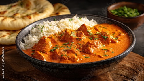 Close-up of Chicken Tikka Masala with Rice and Naan Bread in Dark Bowl on Wood Board Indian Cuisine