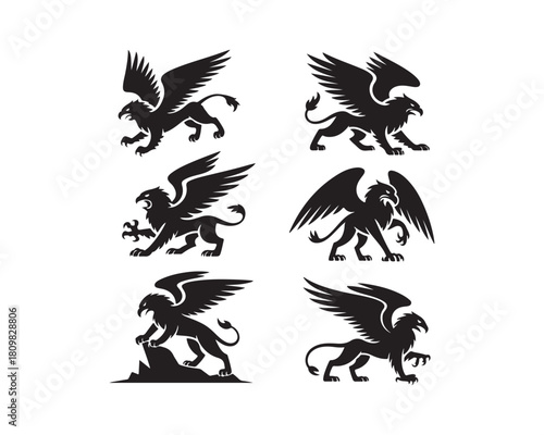 griffin silhouette, griffin vector, griffin collection, griffin set, winged creature silhouette, powerful griffin art, griffin icon collection, 